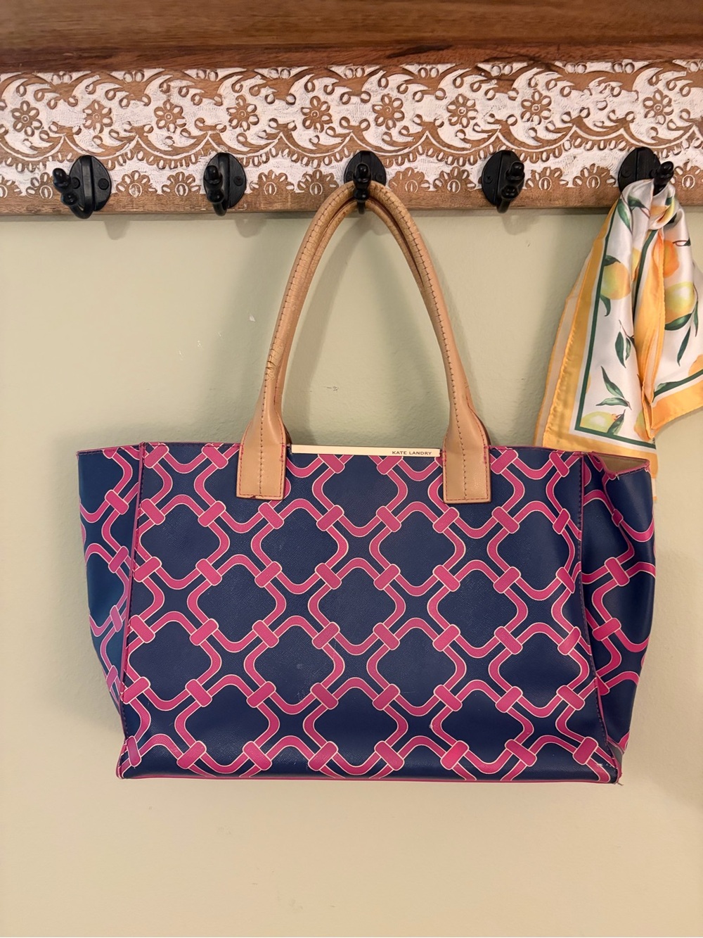 Navy & Pink Patterned Tote Bag with Tan Handles